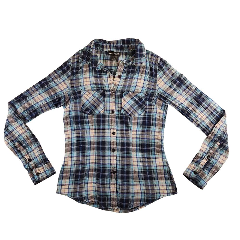 WET SEAL 100% Cotton Blue Plaid Lightweight Flannel Button Shirt Size - S